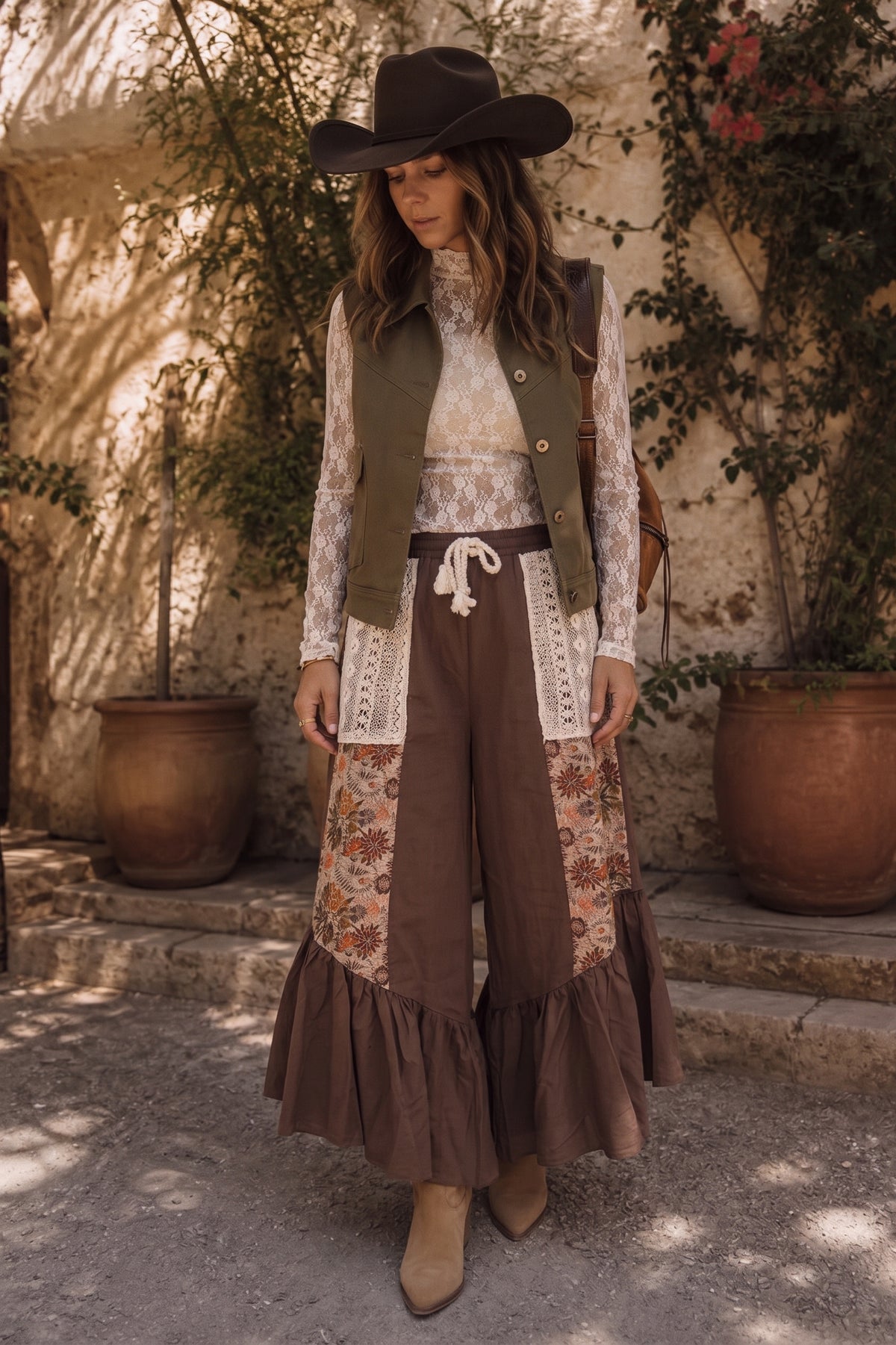 Boho patchwork wide leg ruffle pant with lace pockets