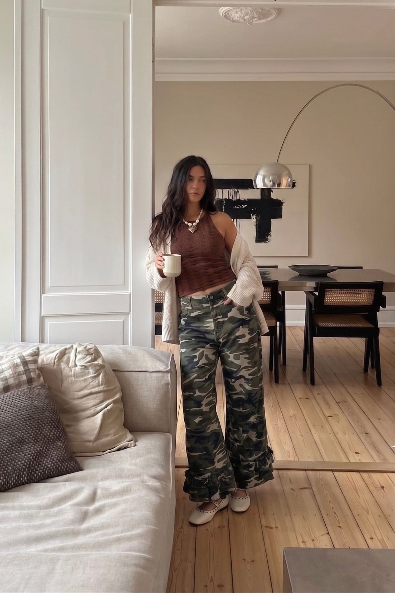 Camo pattern wide leg pants with ruffle hem with just a little flare