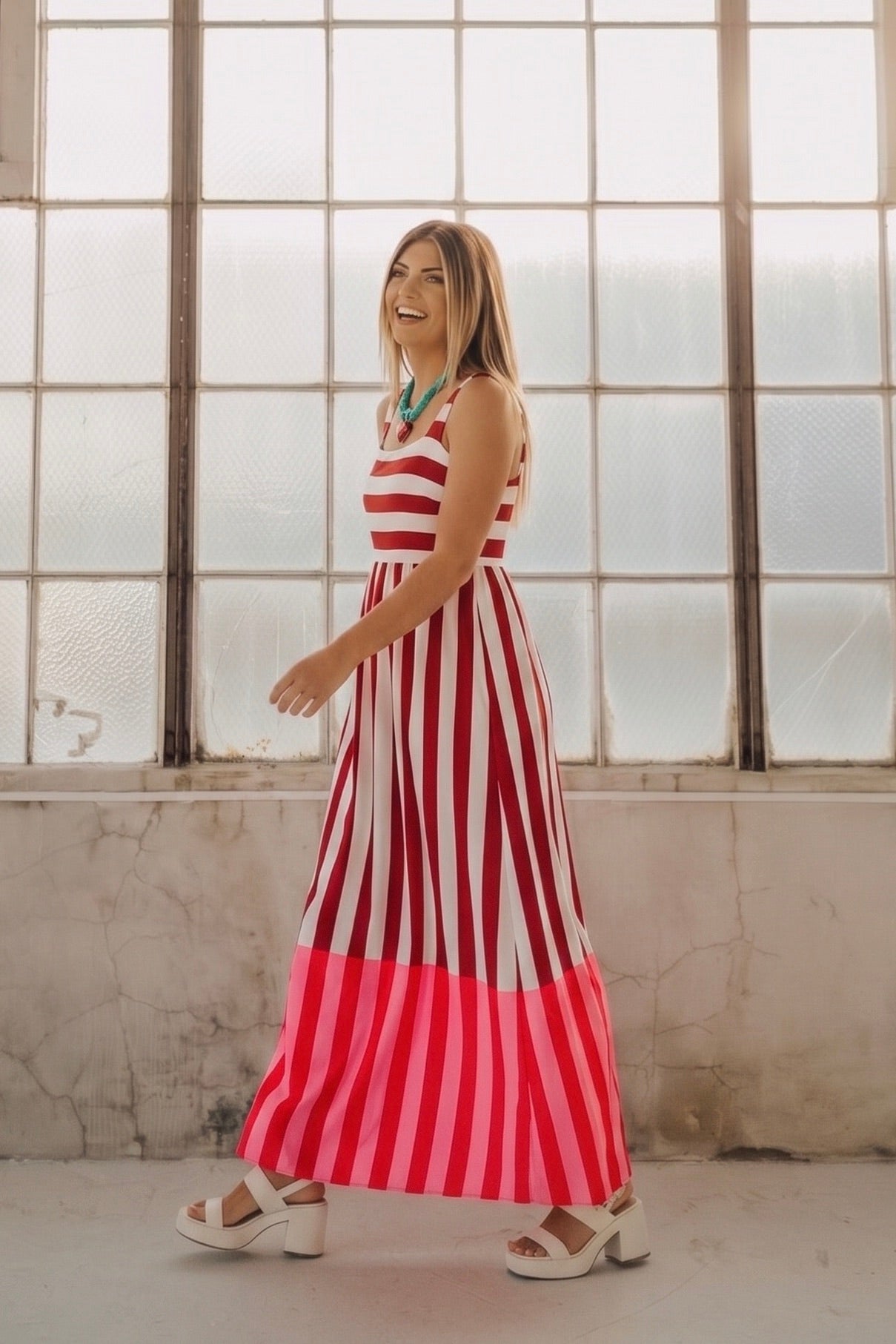 Striped maxi dress with tank bodice. 2 toned colorful and fun. Wear to church, out for errands, or relaxing at home
