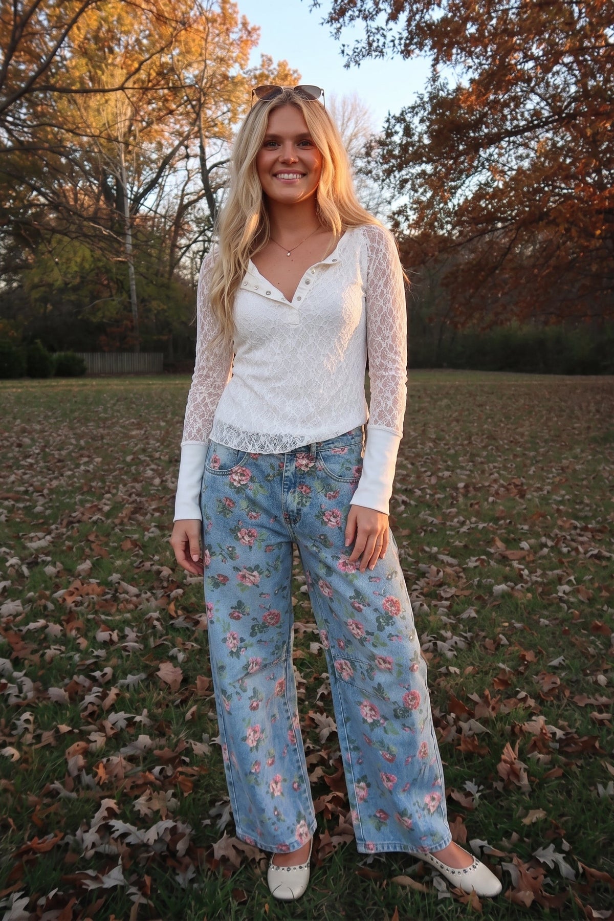 Denim slight barrel jeans with pink and green floral design. Perfect for any season