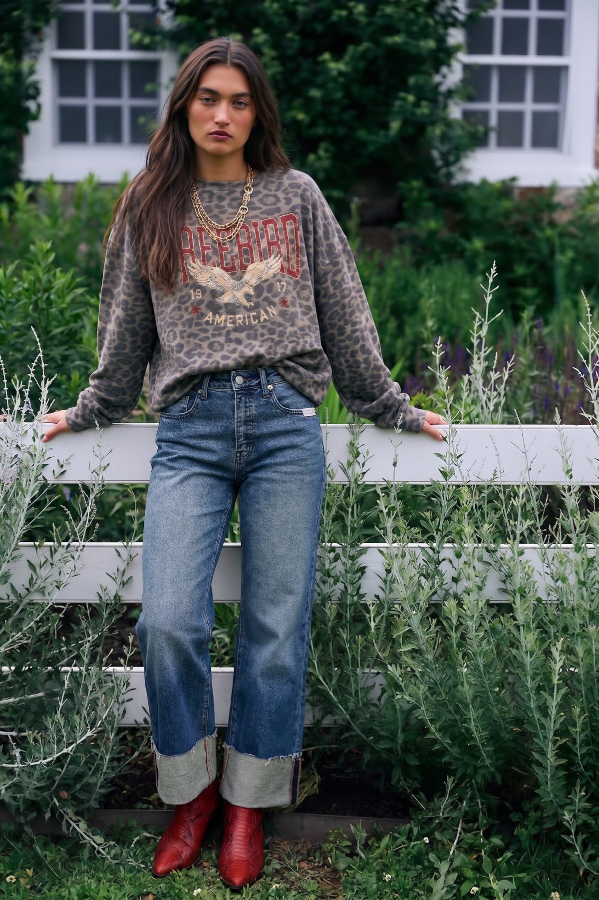 Leopard top with freebird graphic in red and cream.  American 1977