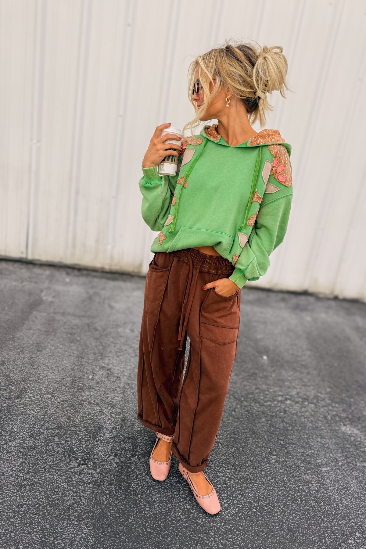 POL applique floral hoodie with lined hood 