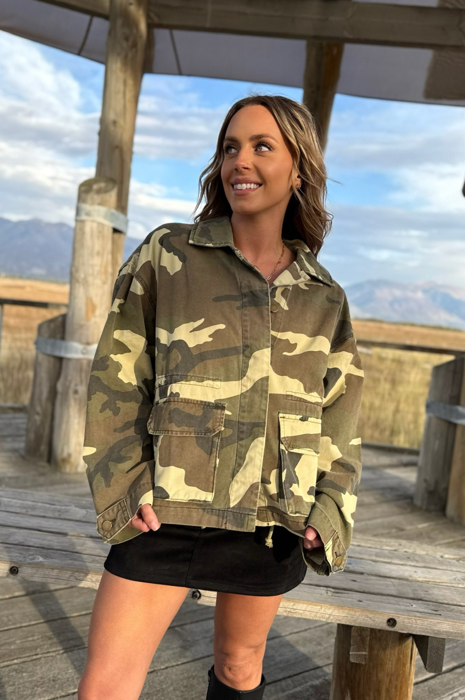 camo print jacket with utility pockets