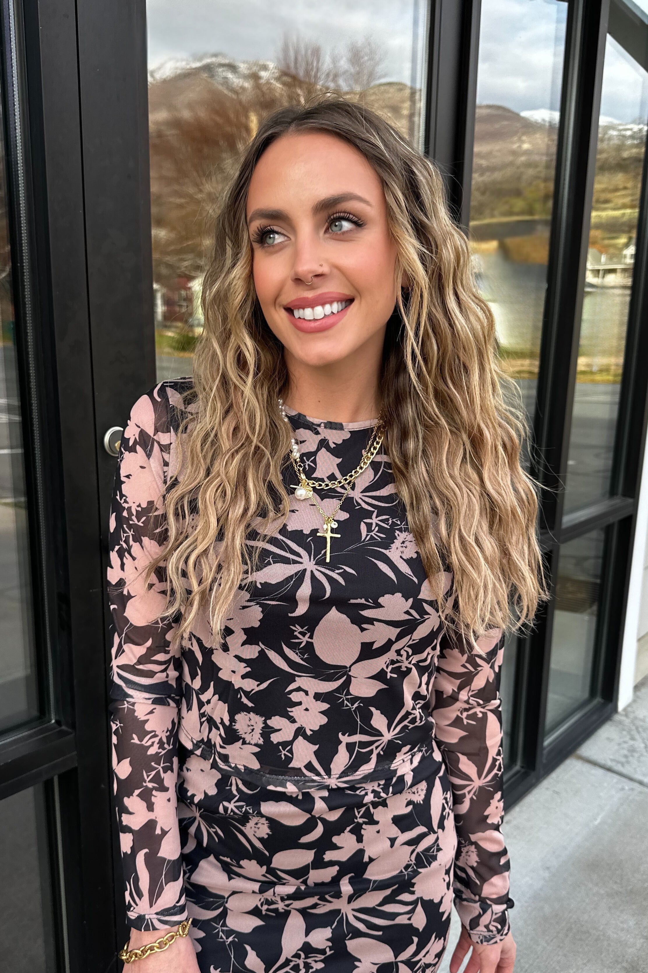 floral mesh long sleeve top