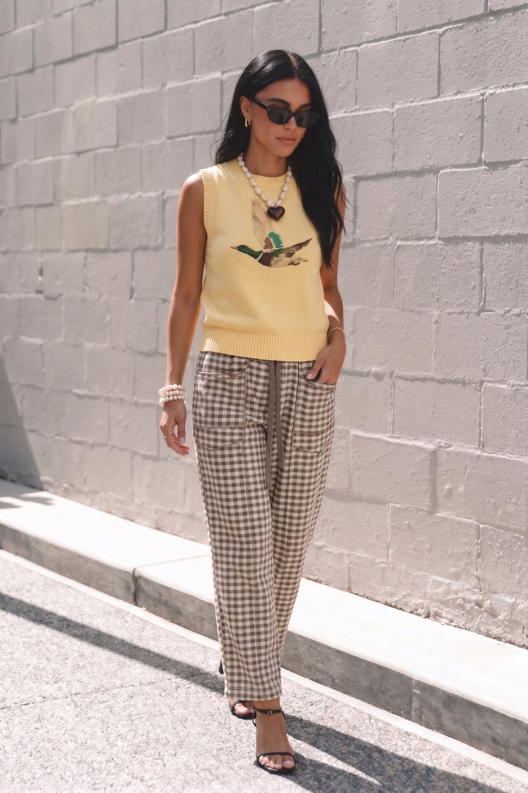 Knit sweater tank with mallard duck graphic.  Perfect alone or with layers. 