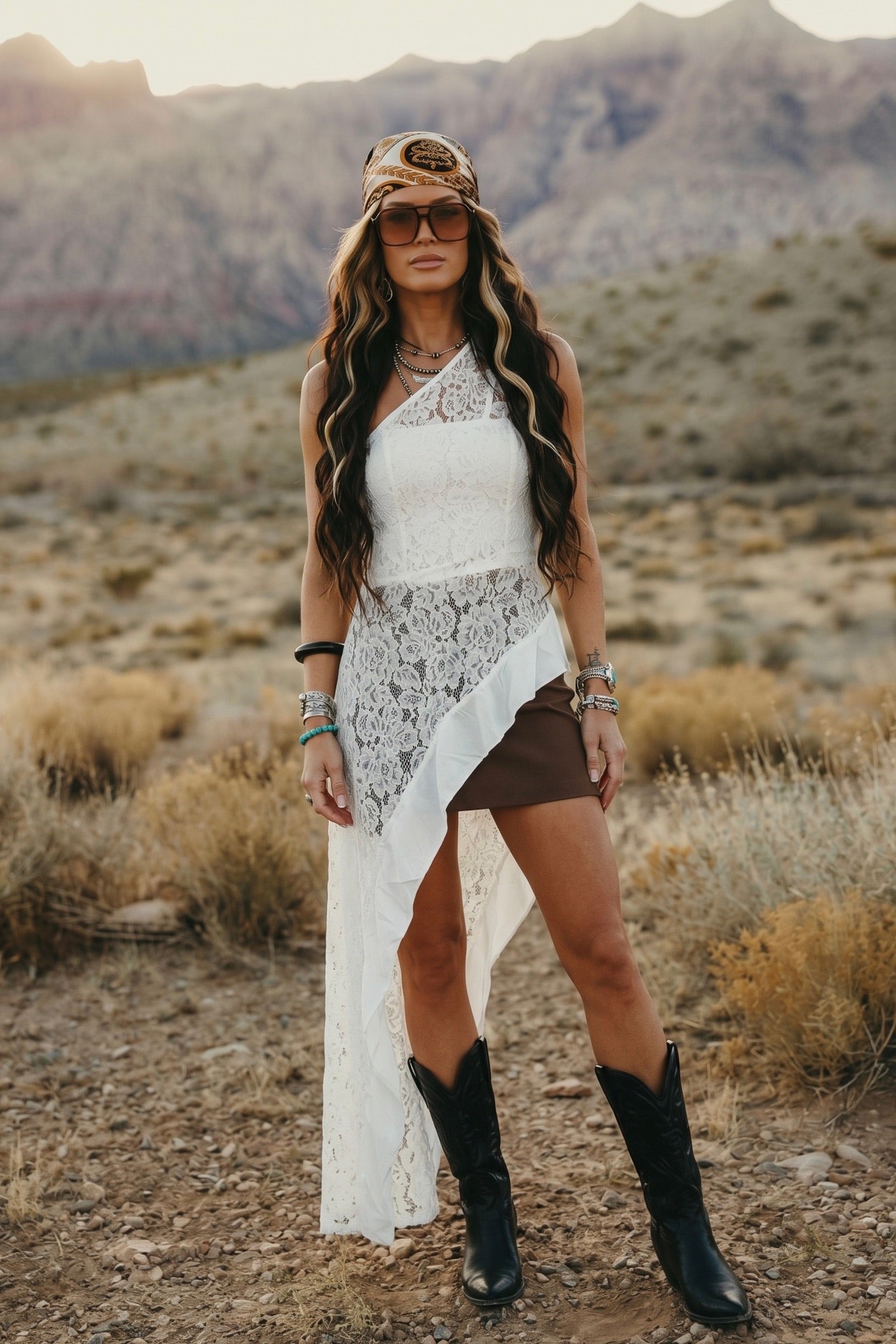 White one shoulder floral lace tunic top with an asymmetrical flowing hem paired with black wide leg pants.