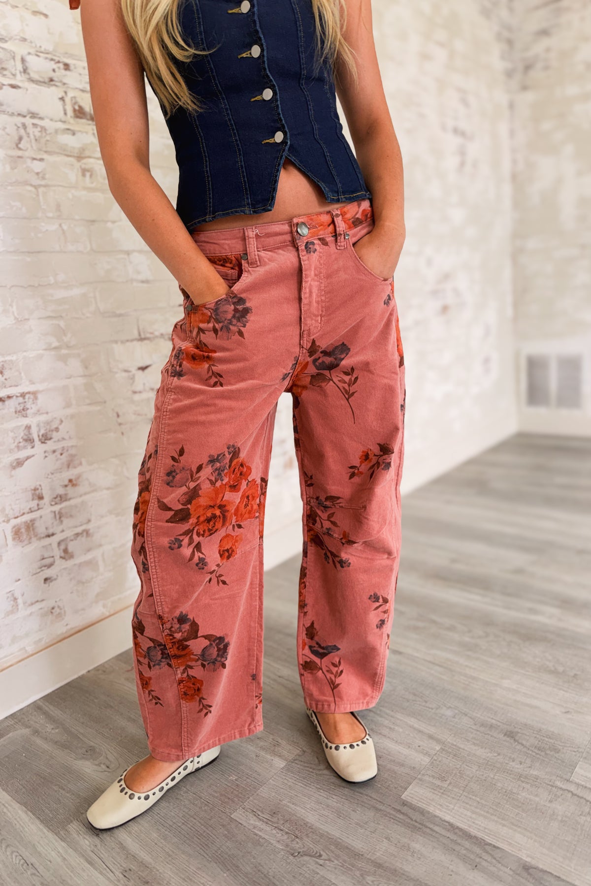 The Other Woman Floral Corduroy Barrel Pants