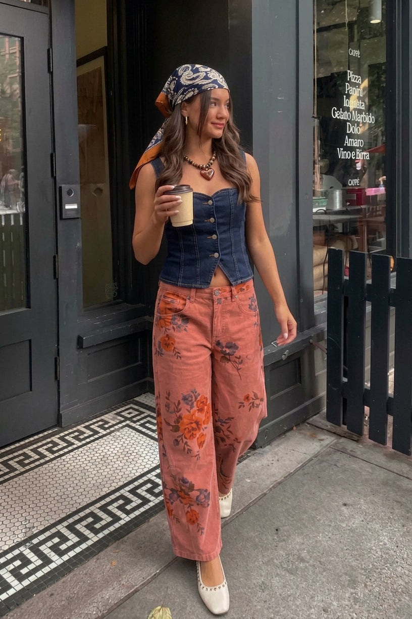 Dusty Rose floral micro barrel jeans. 5 pocket style