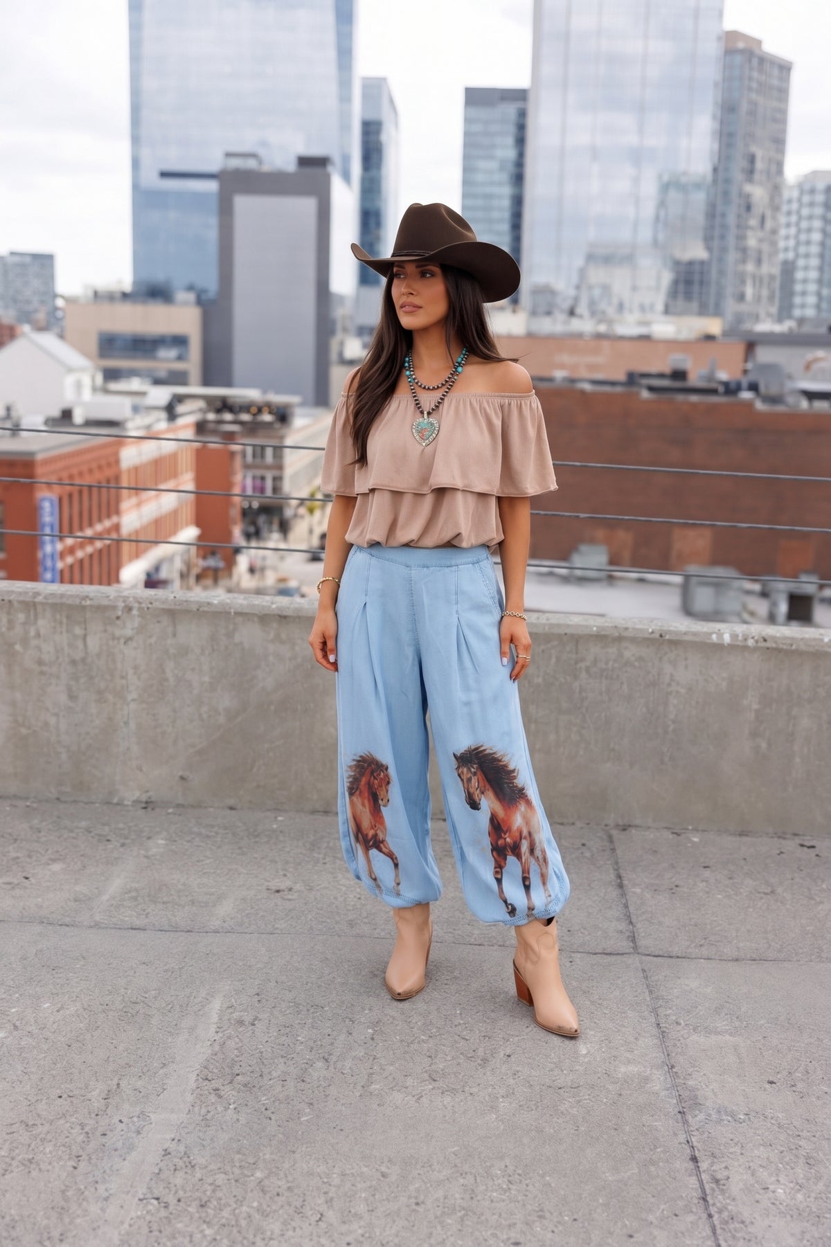 Horse print denim harem pants.  Perfect for NFR or anytime you want to add a little country to your wardrobe