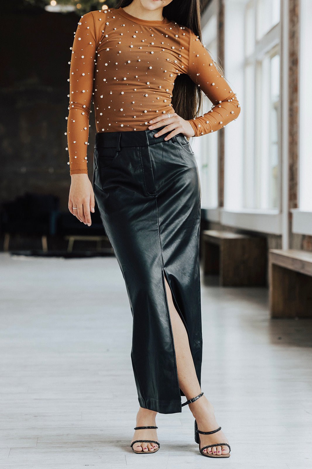 Astr Low Rise Faux Leather Midi Skirt Lux Collection - FINAL SALE