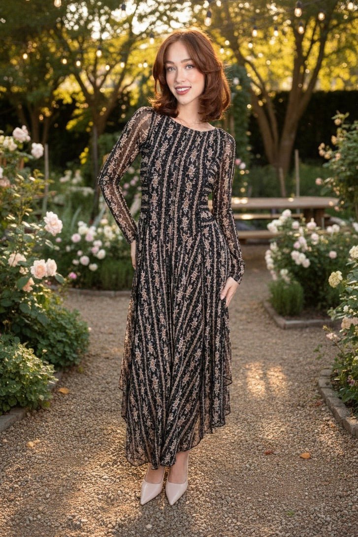 Floral mesh dress, midi dress with sleeves, vintage floral midi, fall wedding guest dress, sheer sleeve dress, long sleeve floral dress, feminine midi dress, Blacklist Bloom dress, whisper mesh clothing.