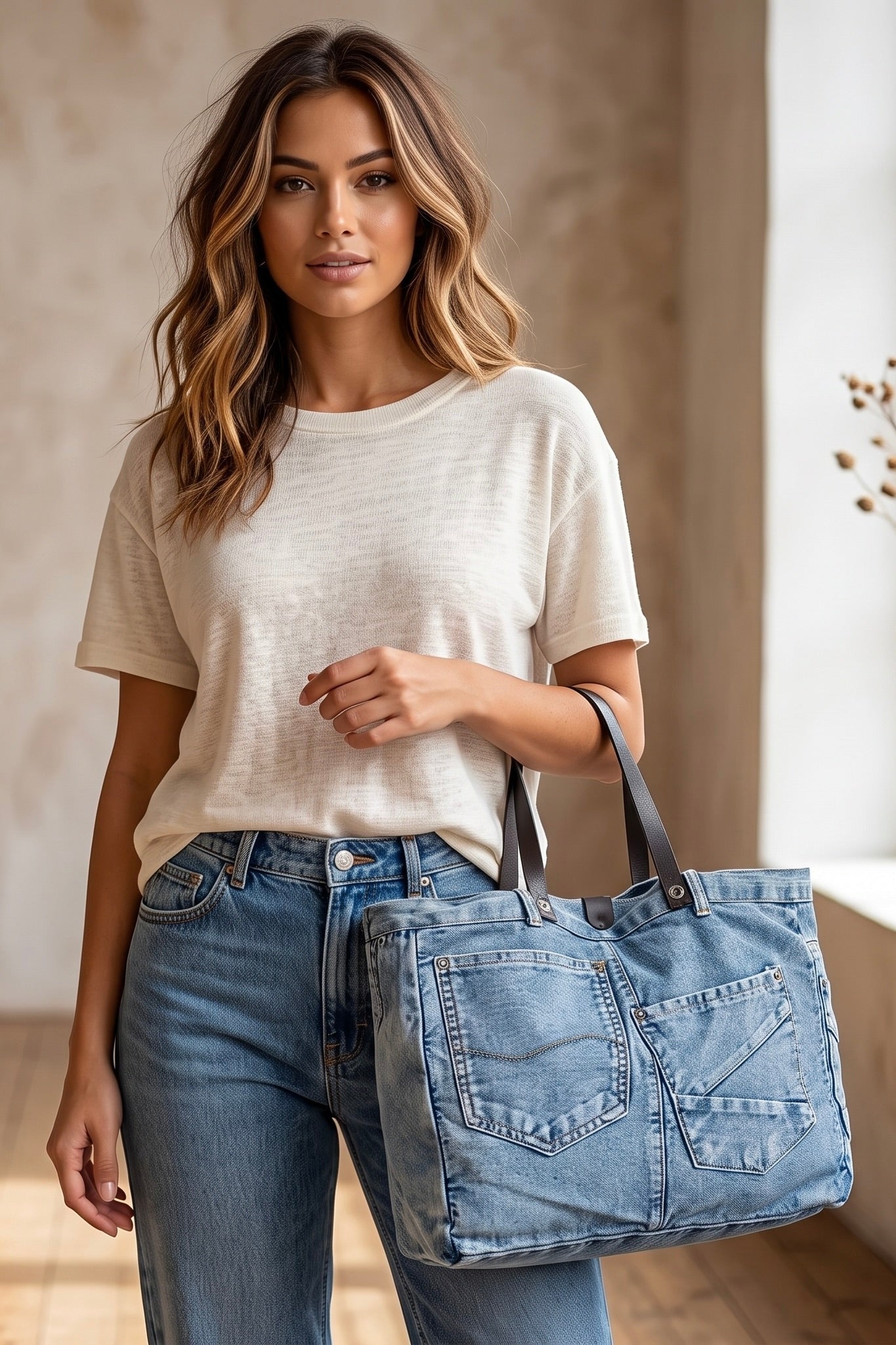 Vintage-inspired oversized denim tote bag with genuine leather shoulder straps, exterior jean pocket detailing, and spacious everyday carry design.