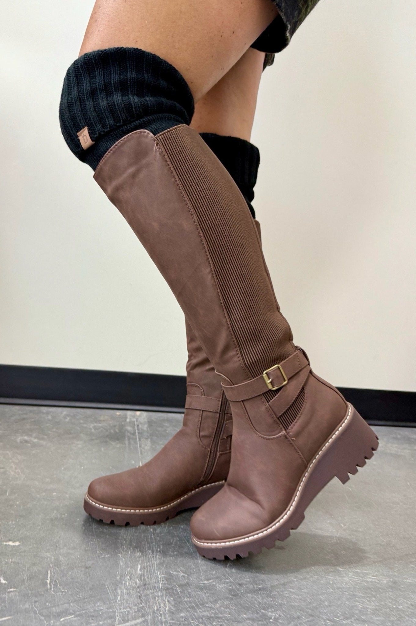 knee length long brown boots