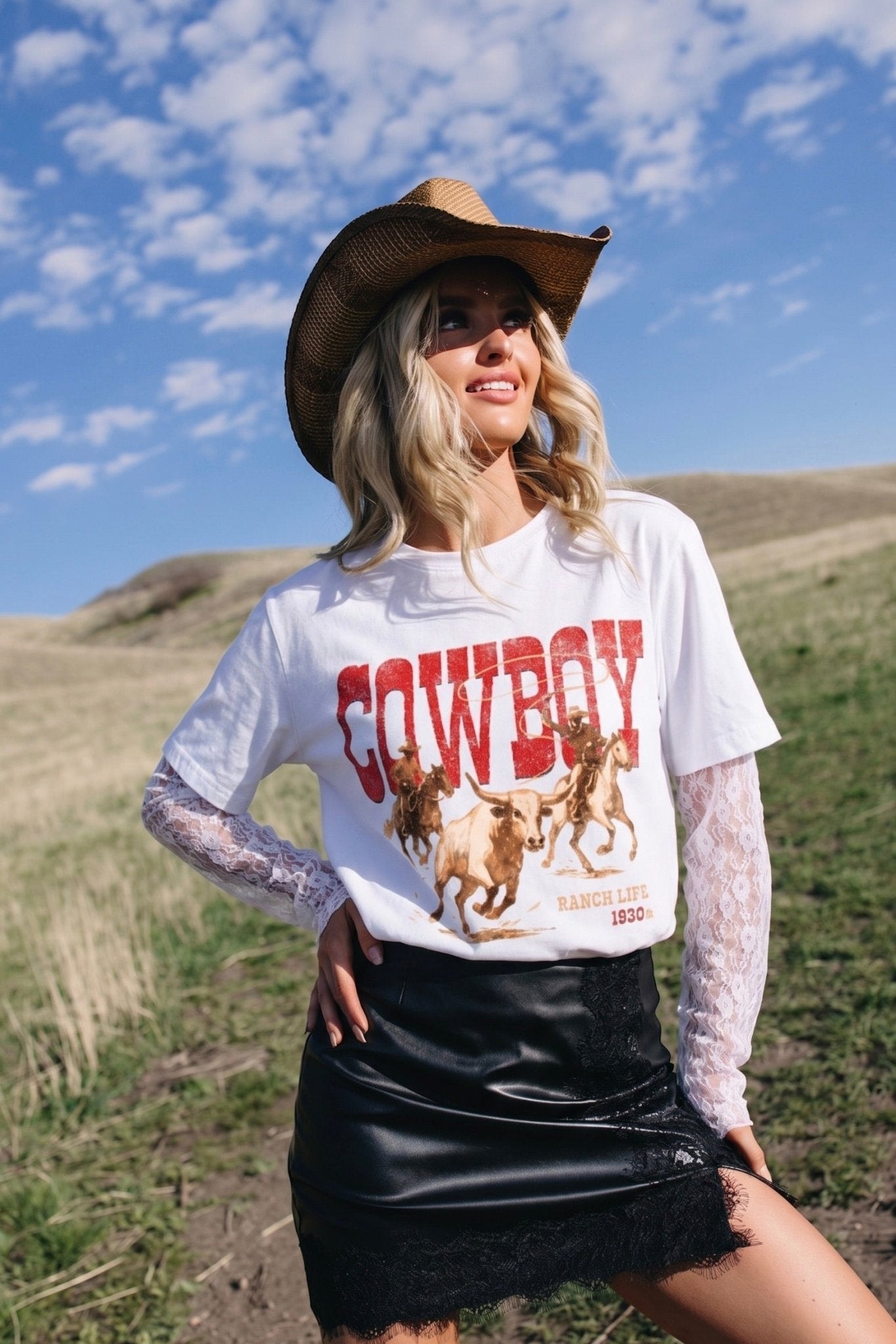 Cowboy Ranch Life, Western Graphic Tee, Lace Sleeve Top, Country Concert Outfit, Boho Western Style, Women's Graphic Tops, Layered Look Shirt, Ranch Life Apparel, americana