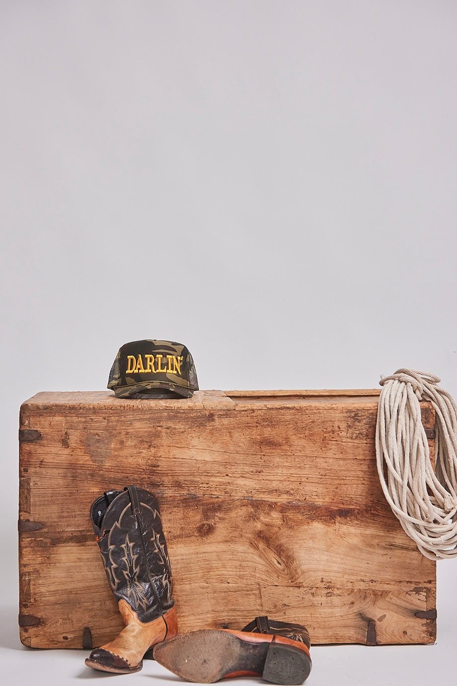 DARLIN' Camo Trucker Hat, Camo trucker hat, Yellow embroidered camo hat, Camo hat with graphic 