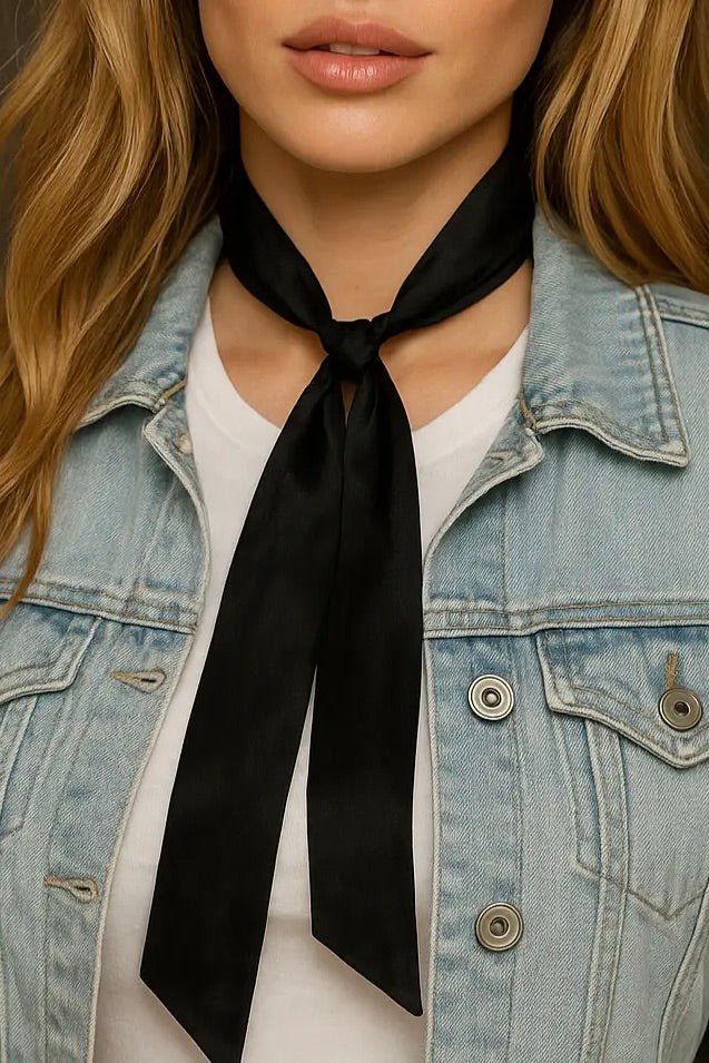 mini scarf, skinny scarf, neck tie for women, hair scarf tie, bag accessory, silk-like scarf, minimalist fashion, effortless style, neckerchief, styling accessory