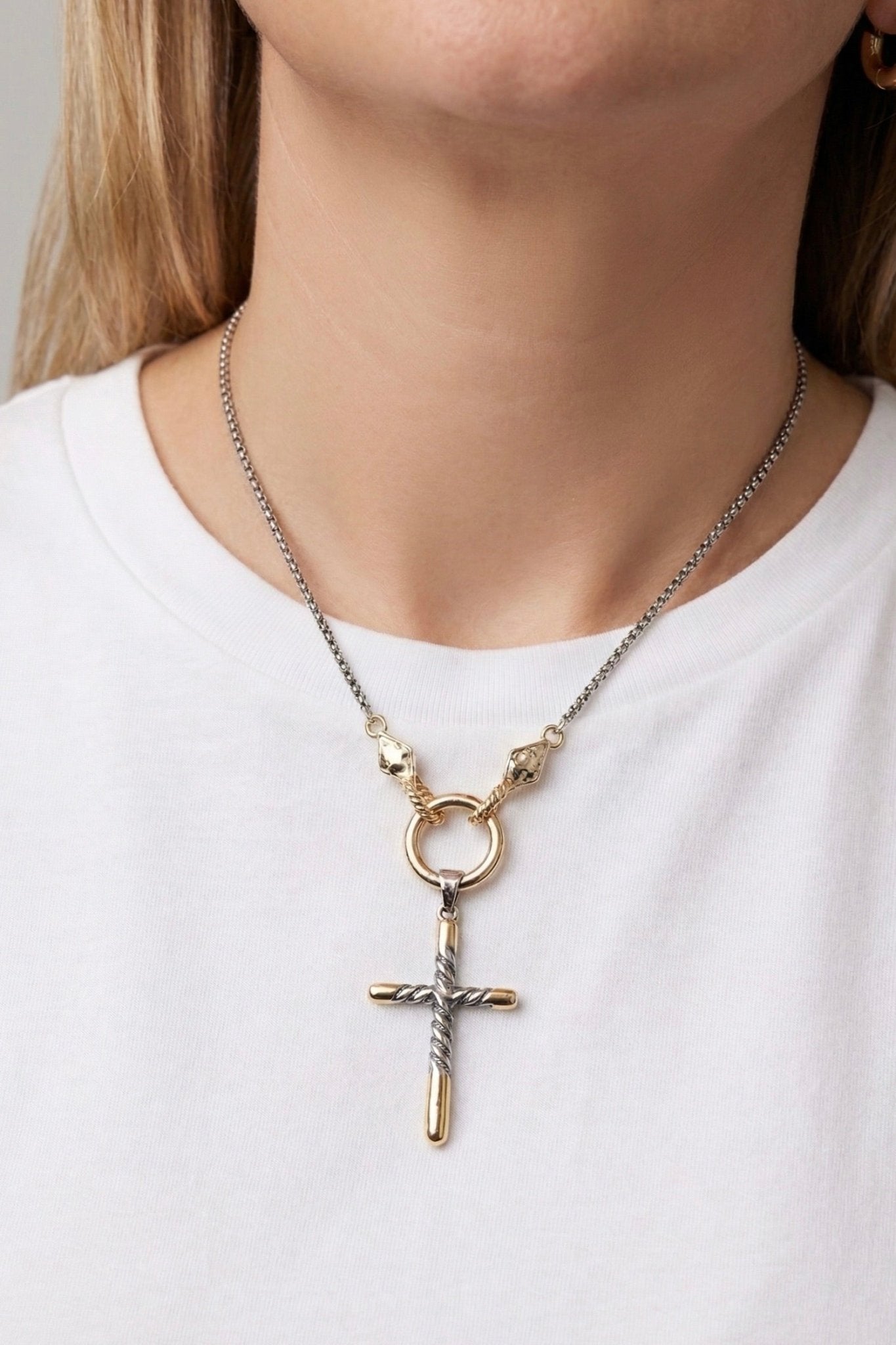 mixed metal cross pendant necklace