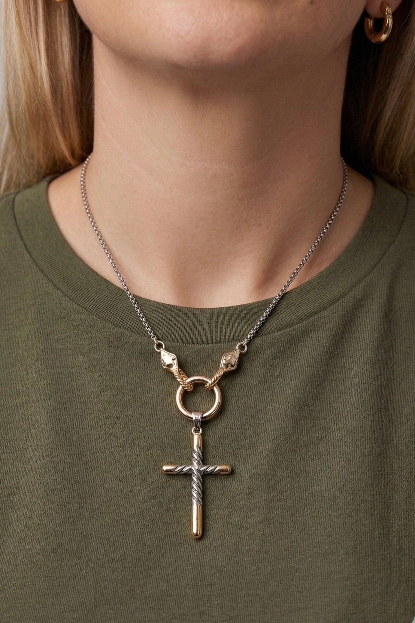 mixed metal cross pendant necklace