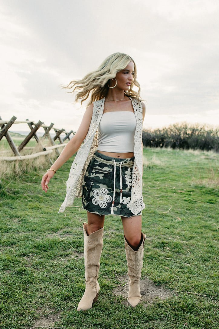camo mini skirt, cargo skirt women, crochet patch clothing, festival outfits, utility mini skirt, western chic fashion, camo cargo skirt