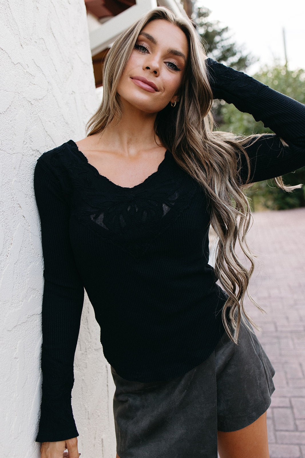 long sleeve thermal top with embroidered detailing