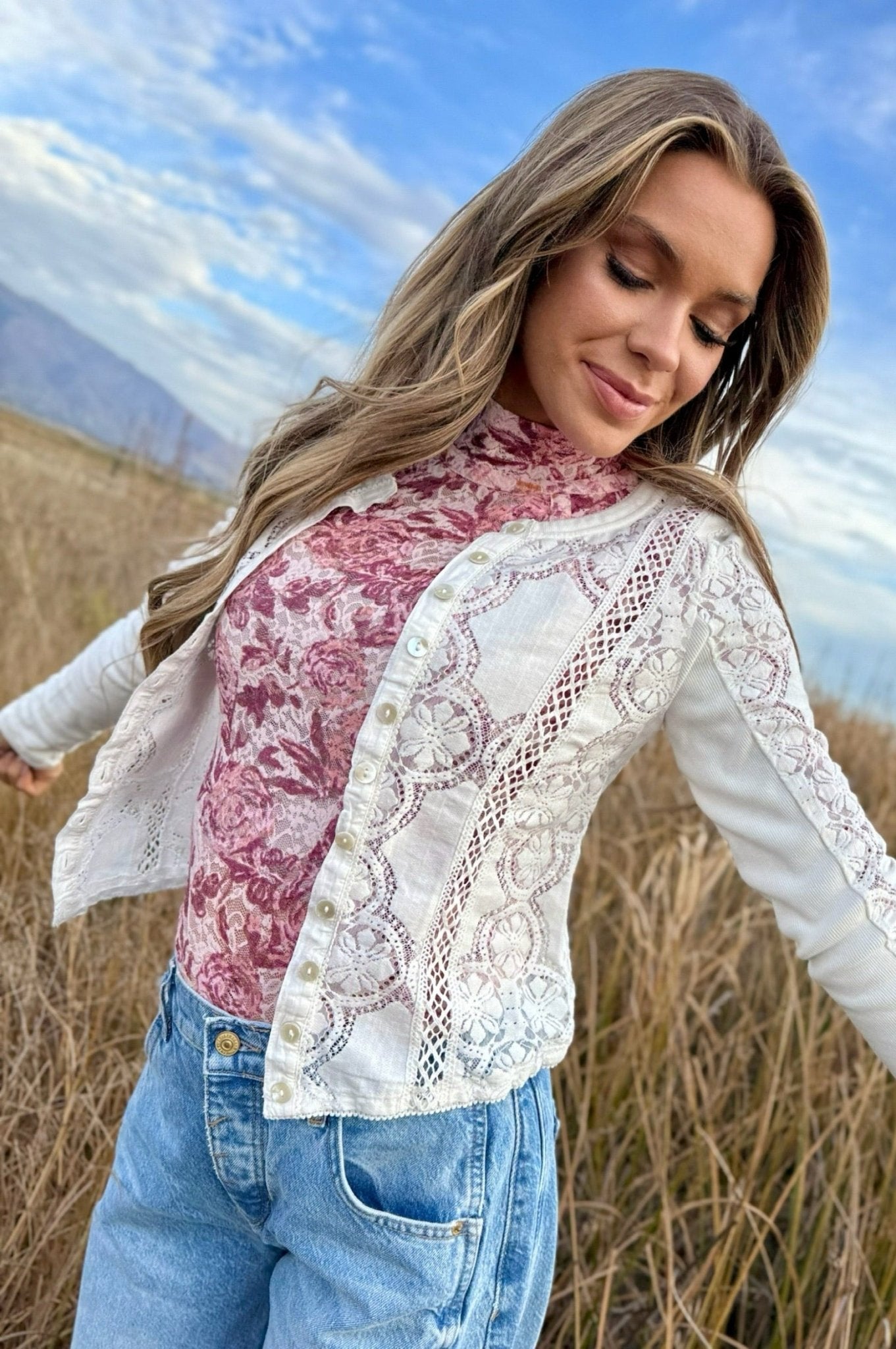 Free People Jae Sheer Lace Knit Long Sleeve Top