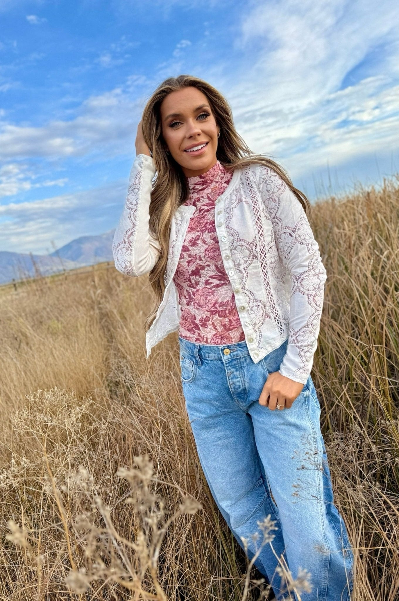 Free People Jae Sheer Lace Knit Long Sleeve Top