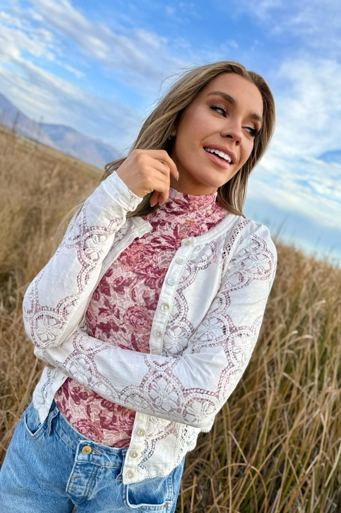 Free People Jae Sheer Lace Knit Long Sleeve Top