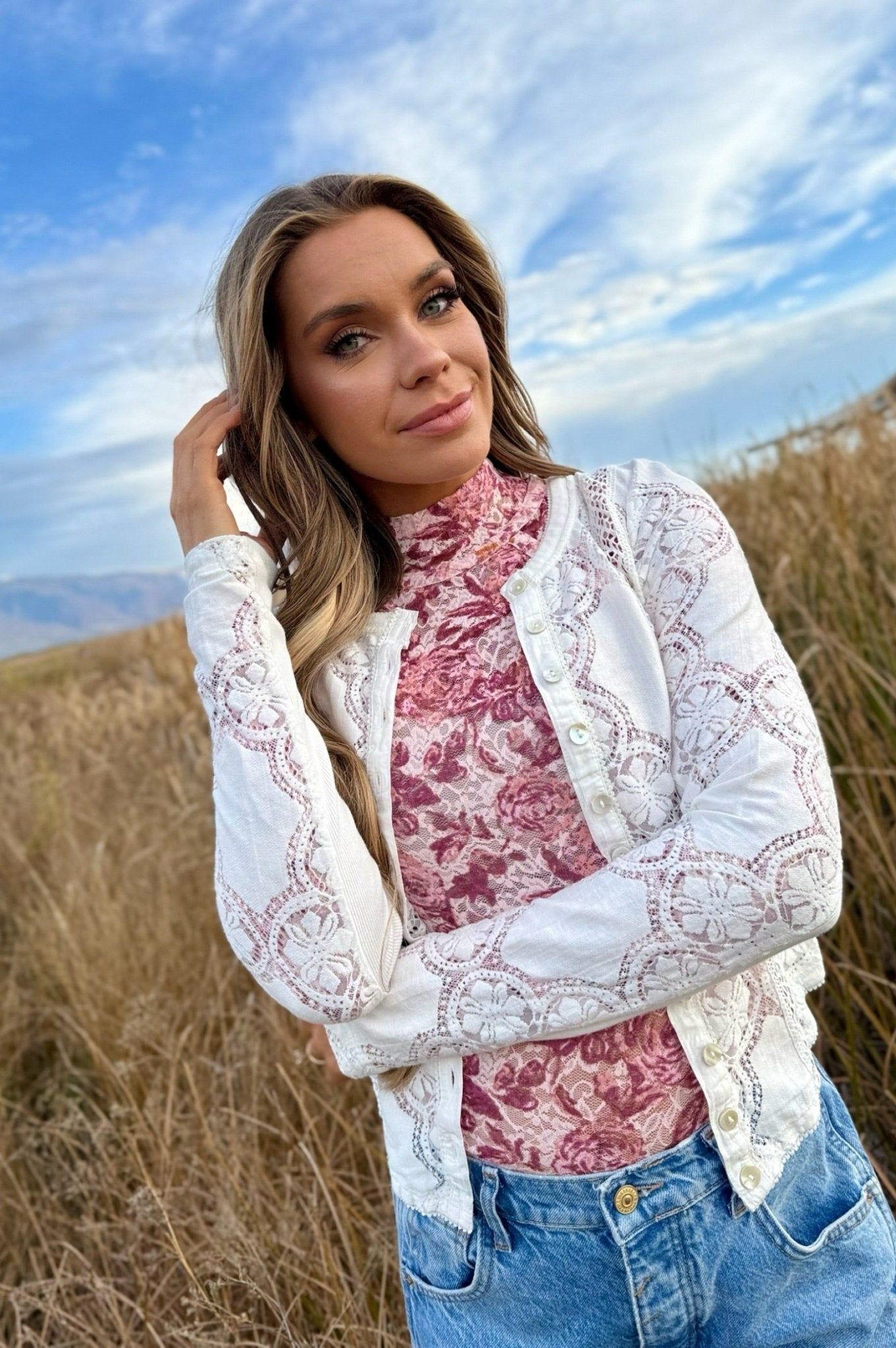 Free People Lyric Sheer Lace Long Sleeve Turtleneck Top