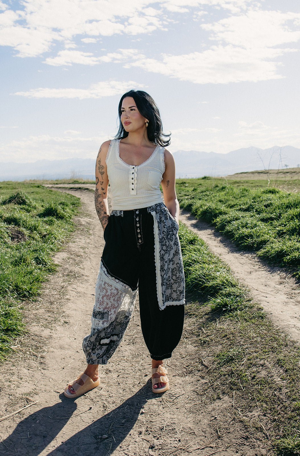 patchwork pants, boho joggers, lace patchwork trousers, women's streetwear, crochet detail pants, relaxed fit joggers, unique women's fashion