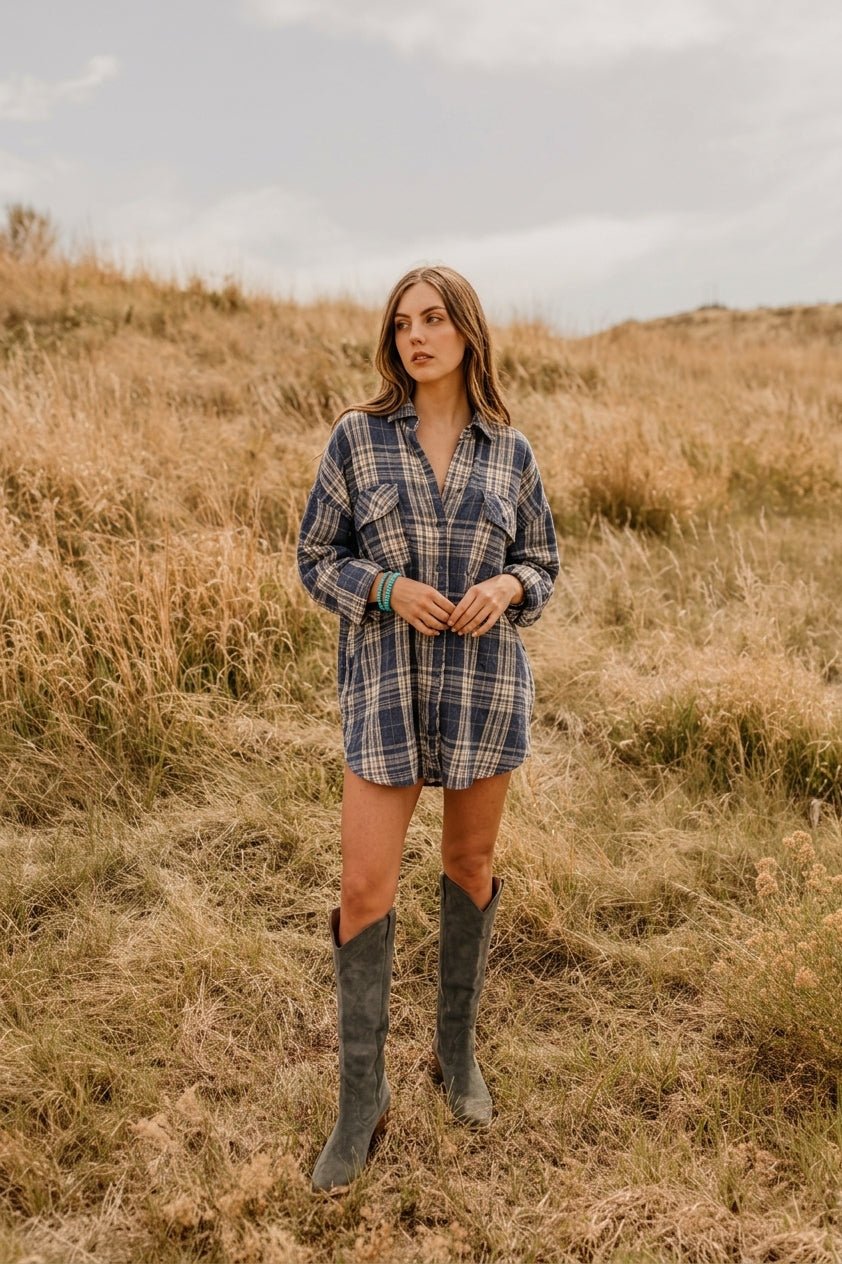 Button up plaid flannel with blue and green and tan stripes