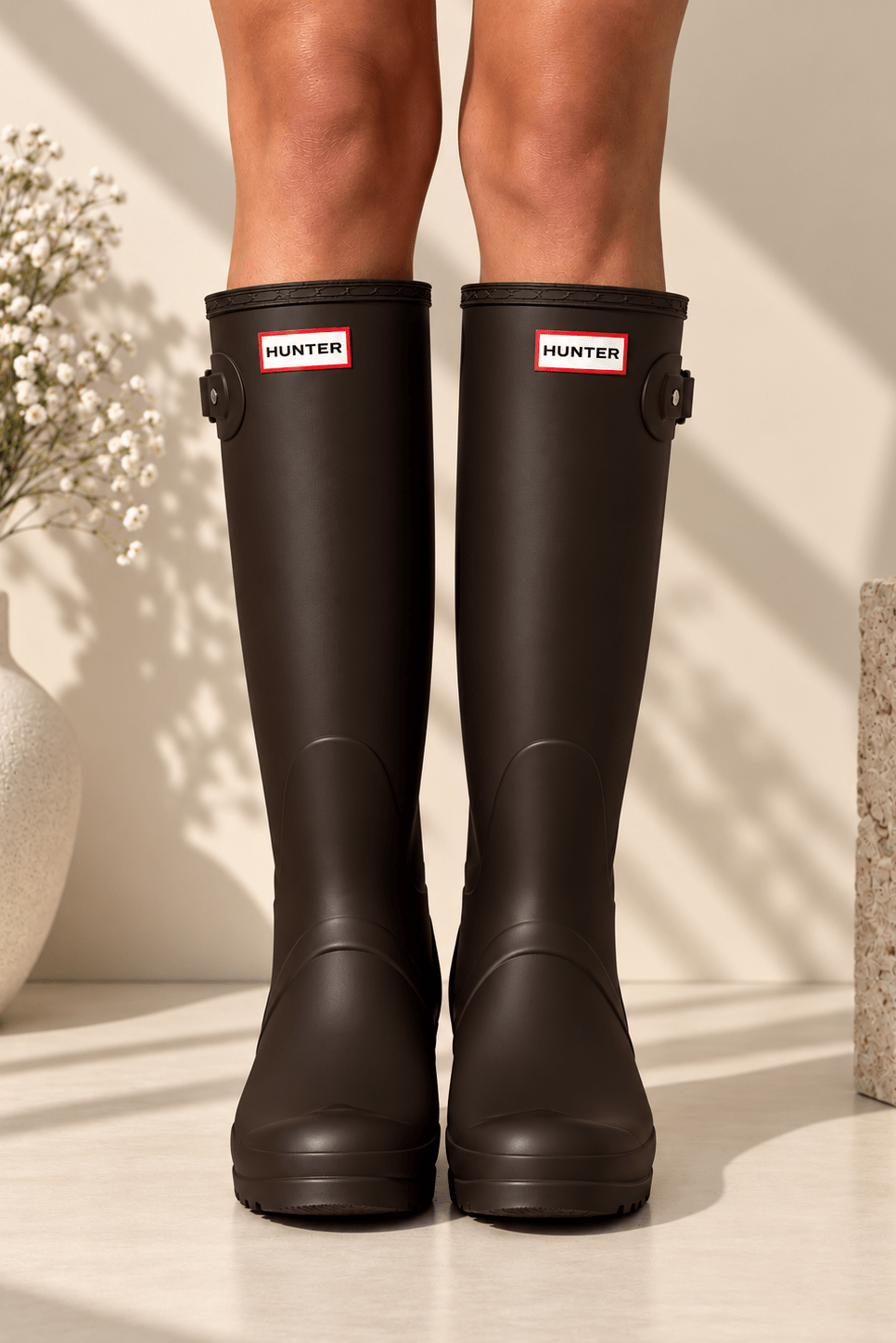 Hunter Original Tall Brown waterproof natural rubber rain boot with adjustable buckle and treaded sole