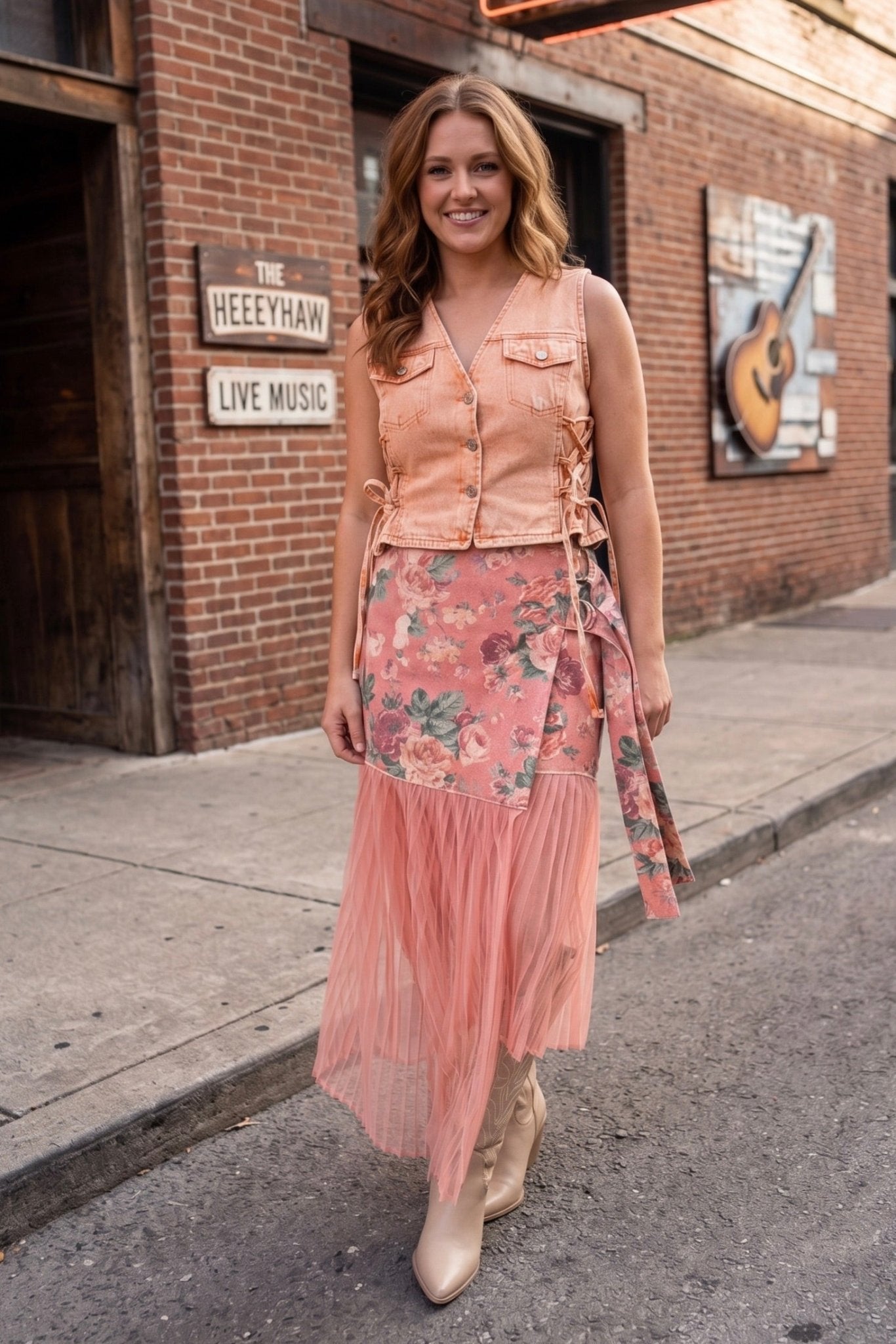 Romantic floral western midi skirt with soft tulle hem for country concert outfits, Nashville style, boho cowgirl fashion, rodeo date night looks, western wedding guest outfits, and feminine boutique western style from Sand + Charcoal Boutique.