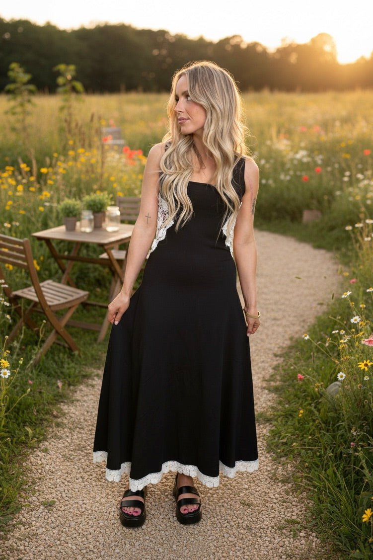 Lace trim midi dress, sleeveless black dress, crochet lace midi, boutique summer dress, midnight midi dress, flare midi dress, black dress with white lace, feminine midi dress.