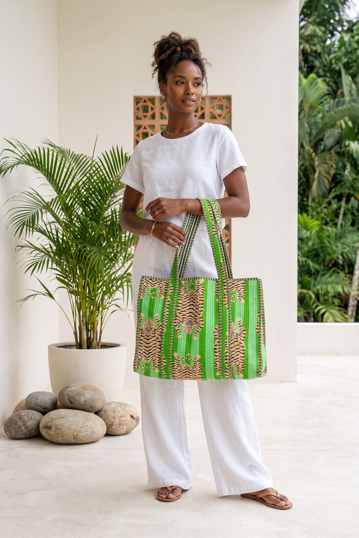 One Way Ticket reversible 100% cotton quilted carryall tote with colorful tropical-inspired print and long shoulder straps