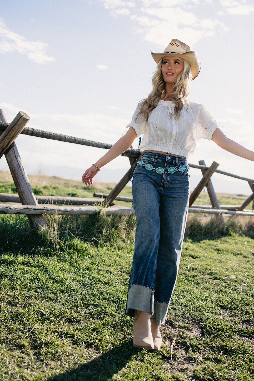 wide leg jeans, high rise western denim, cuffed wide leg jeans, structured denim, rodeo style jeans, women's western fashion, non-stretch jeans, Mesa Sky denim