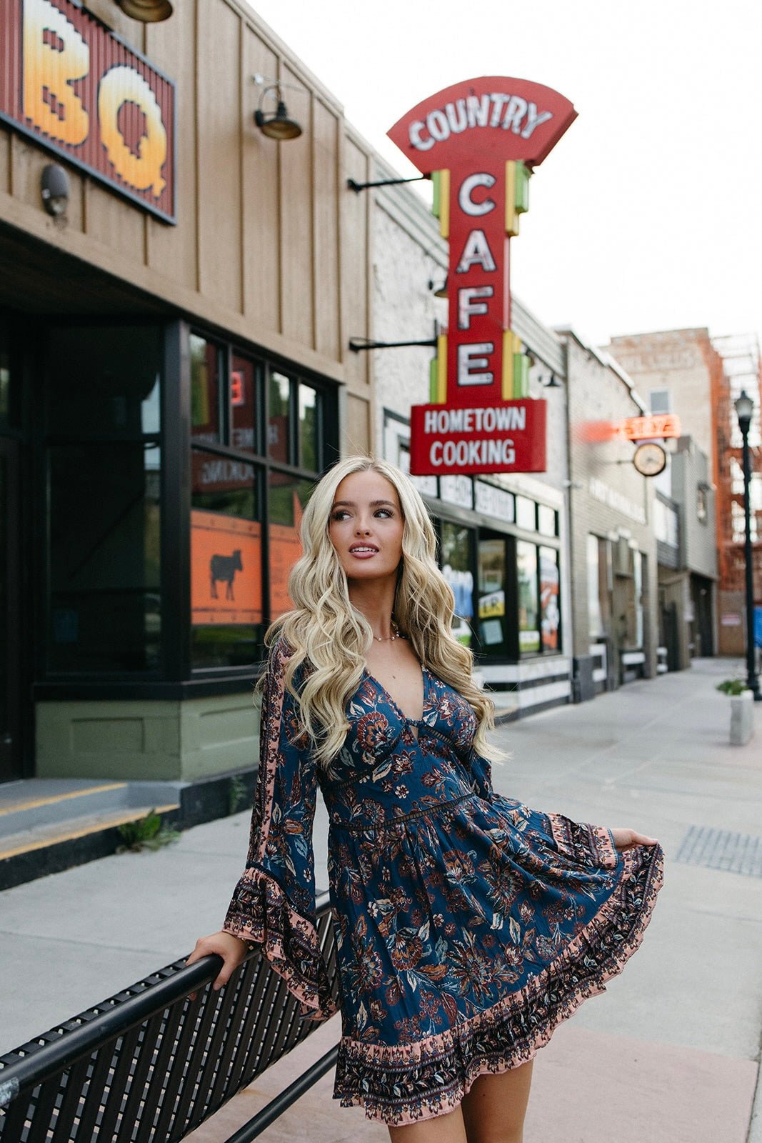 deep v neck with floral design and long sleeves dress