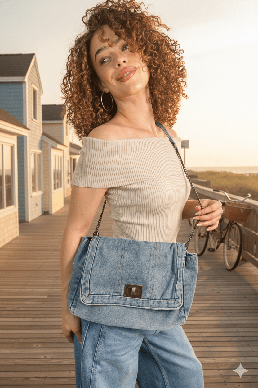 denim bag with chain adjustable strap