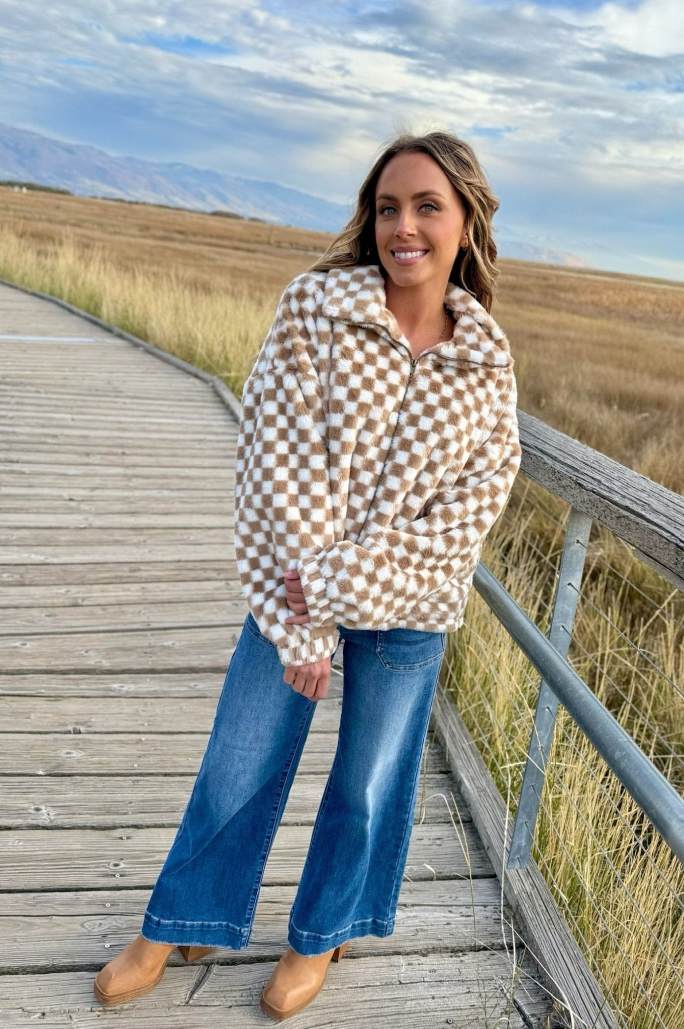 checkered sherpa long sleeve zip up jacket