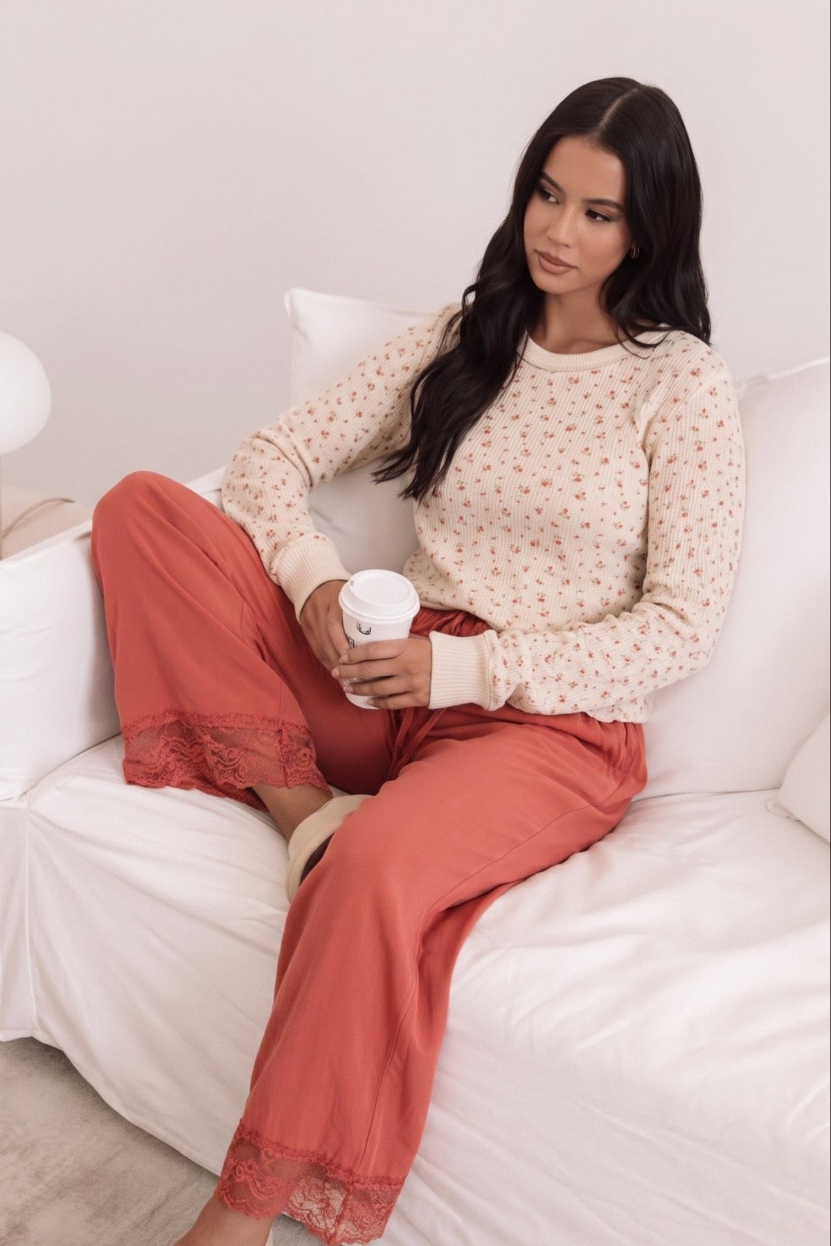 Natural color ribbed top with pink floral pattern.  Pair with your favorite lounge pants, or perfect under jackets or vests.