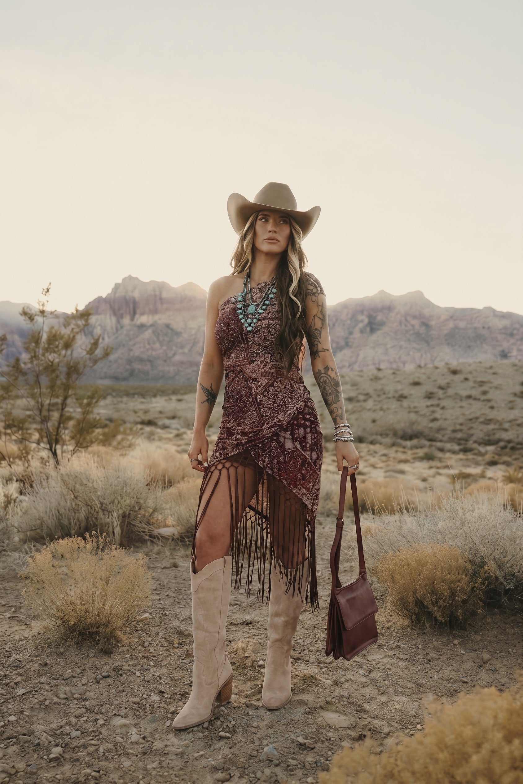 Off-the-shoulder vintage patchwork midi dress with an asymmetrical fringe hem paired with brown cowboy boots.