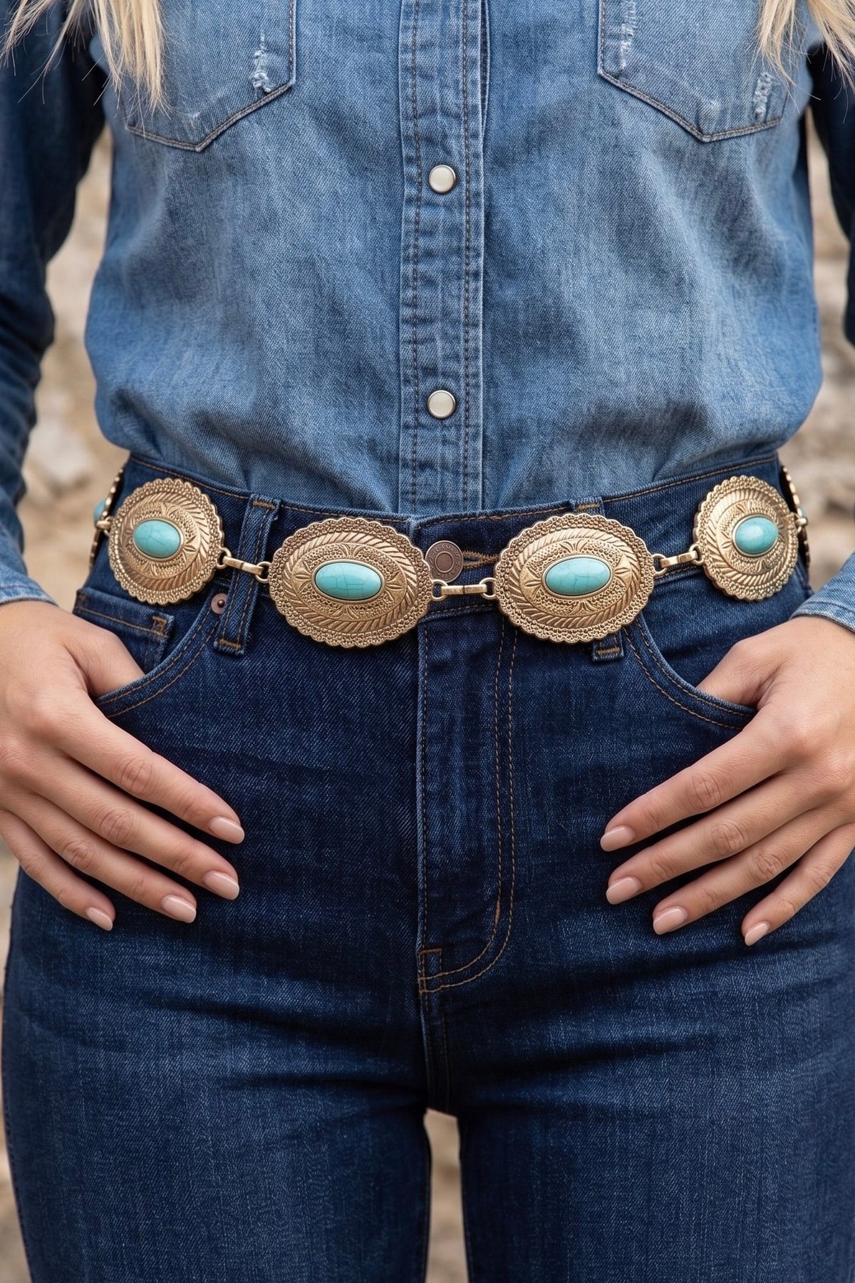 Western gold-tone chain concho belt with engraved oval conchos and turquoise center stones worn around the waist over a jeans.