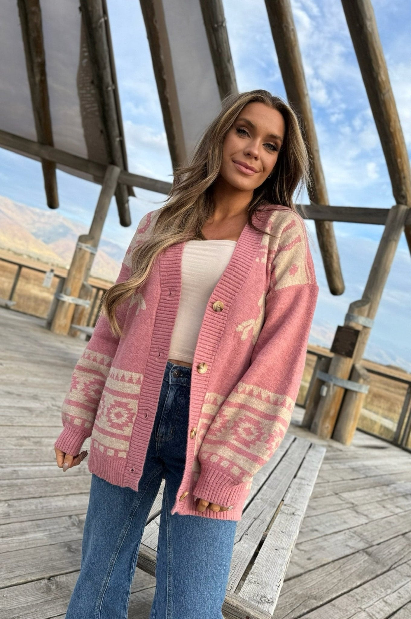 long sleeve knit button cardigan with western design