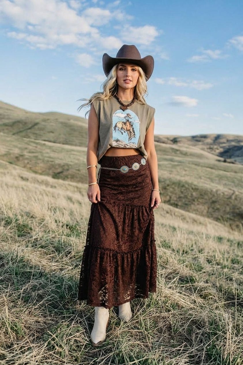 lined lace maxi skirt with elastic waist. perfect for nfr, country concerts, or events