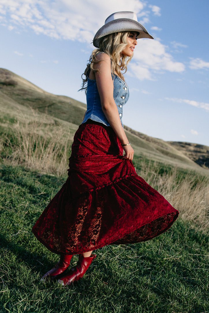 red lace skirt, western maxi skirt, crimson boho skirt, country concert outfit, boho chic clothing, red tiered skirt, western fashion for women, romantic lace midi