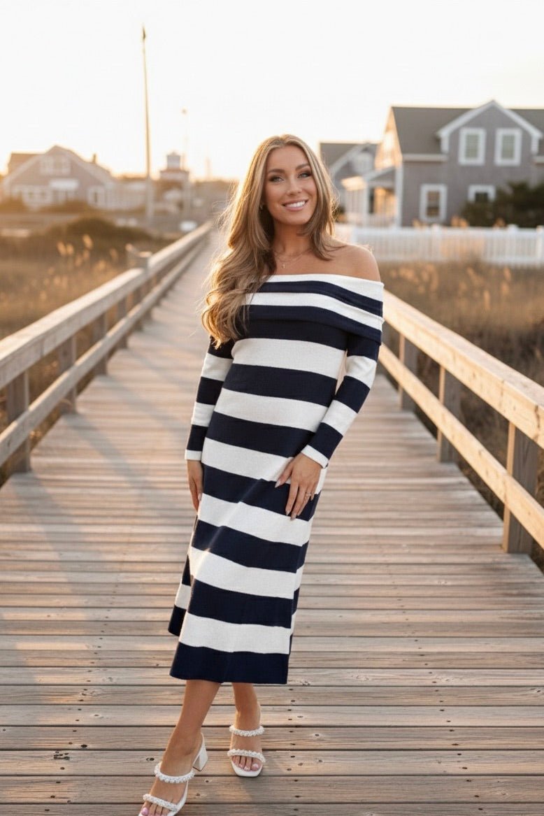 off the shoulder long sleeve striped midi dress