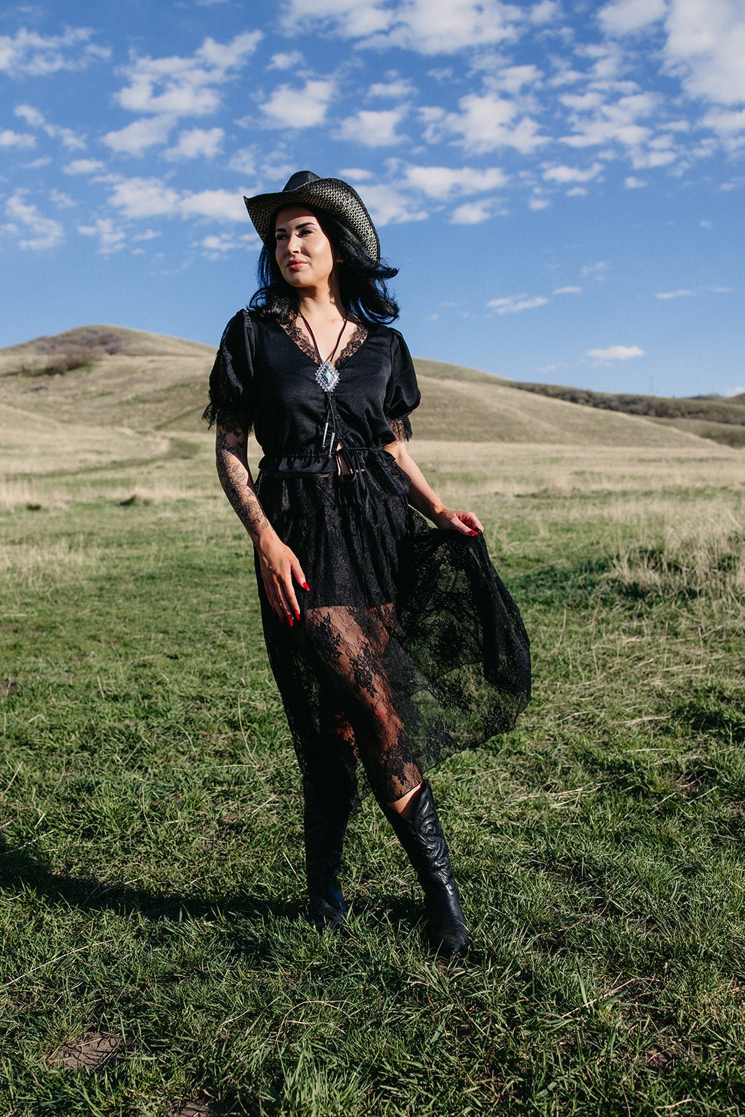 Western lace top, boho black blouse, sheer lace shirt, cowgirl concert outfit, romantic western wear, edgy lace top, adjustable waist blouse, moody western fashion.