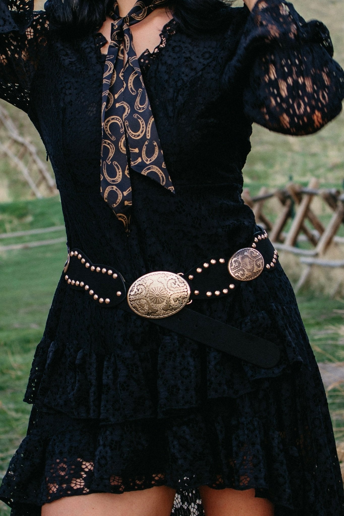 studded suede concho belt with metal buckle 