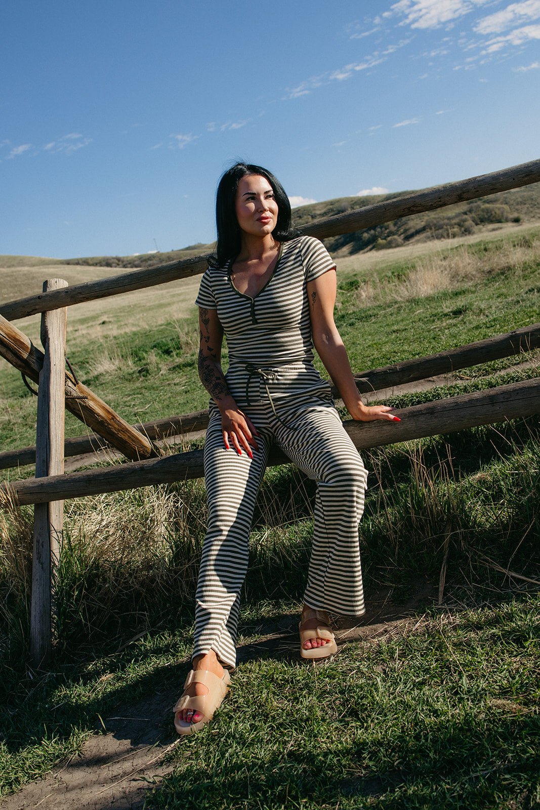 striped lounge pants, sun-faded pants, vintage style joggers, straight leg lounge pants, matching set loungewear, women's stretch pants, casual travel outfit.