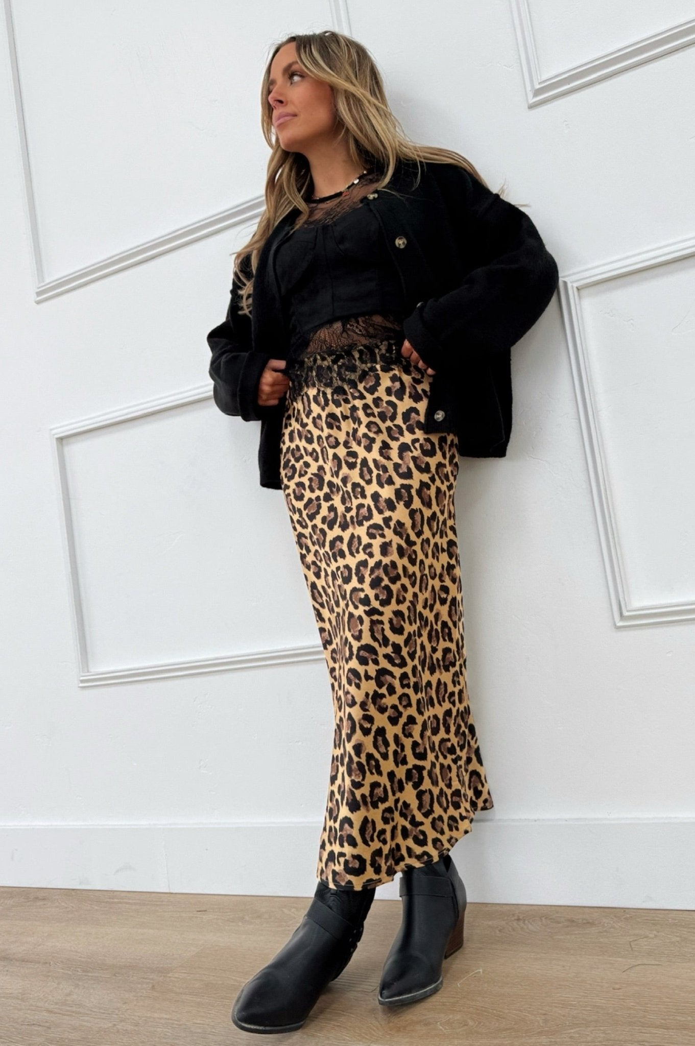 satin high waisted midi leopard skirt