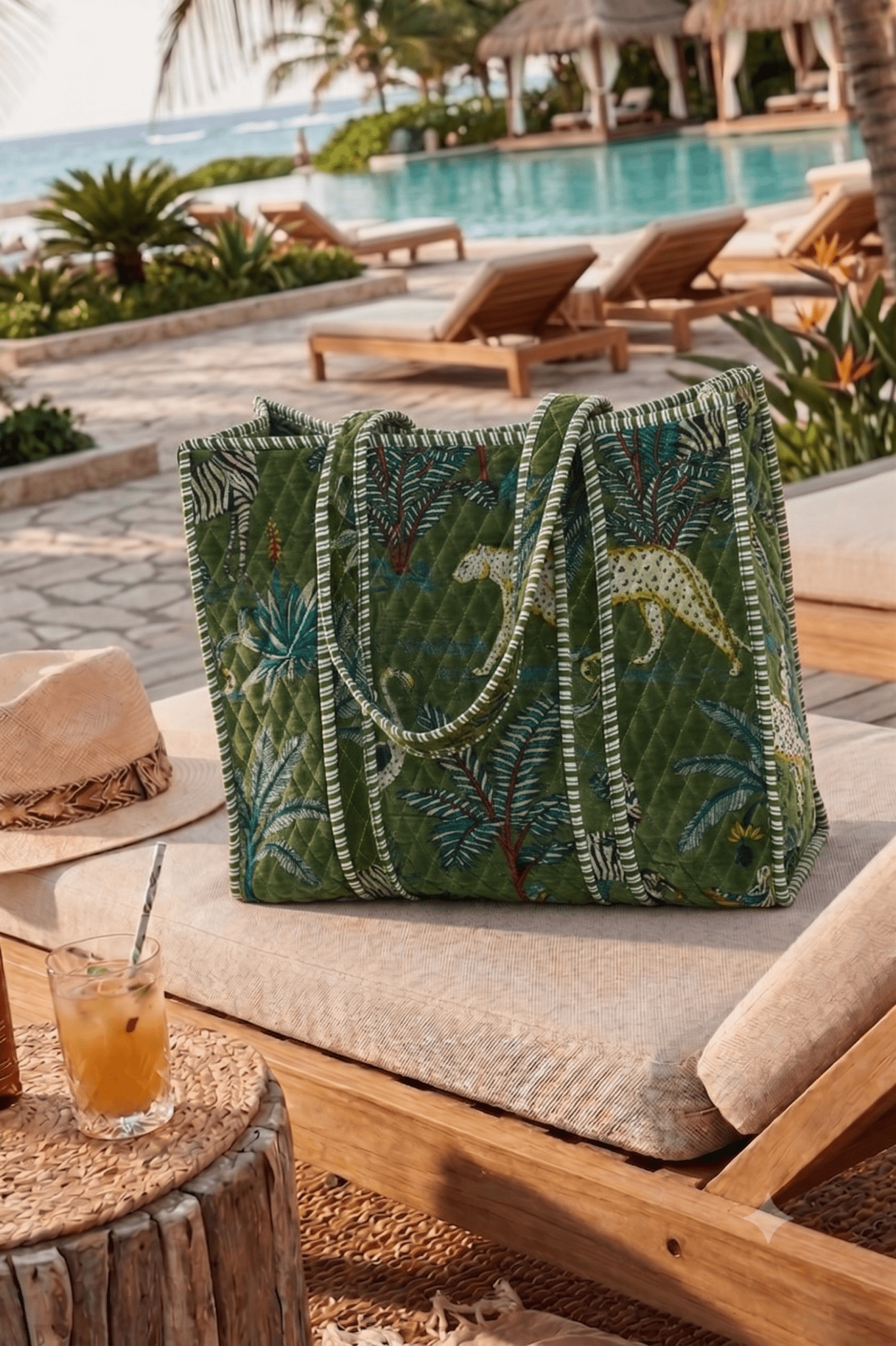 Large Pol brand quilted tote bag. High quality. Jungle pattern. Beautiful grass green color